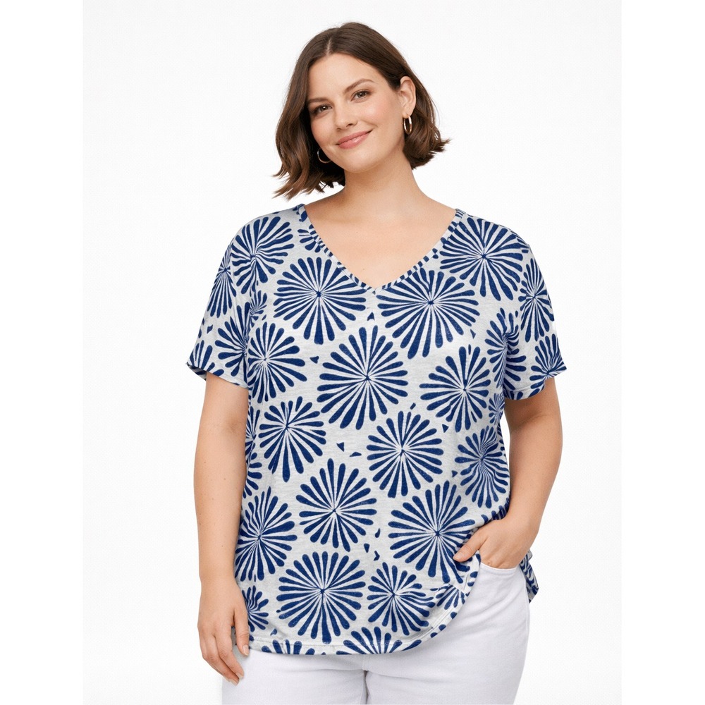 Joie Top Linen White‎ Blue Floral V-Neck Womens Plus Sz 1X Coastal Summer Casual